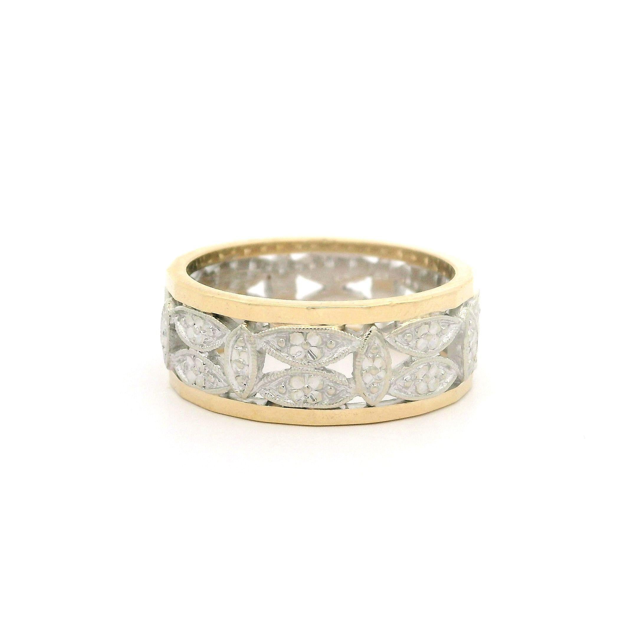 Vintage Solid Two Tone Gold Wide Open Work Faceted Sides Eternity Band Ring For Sale 1