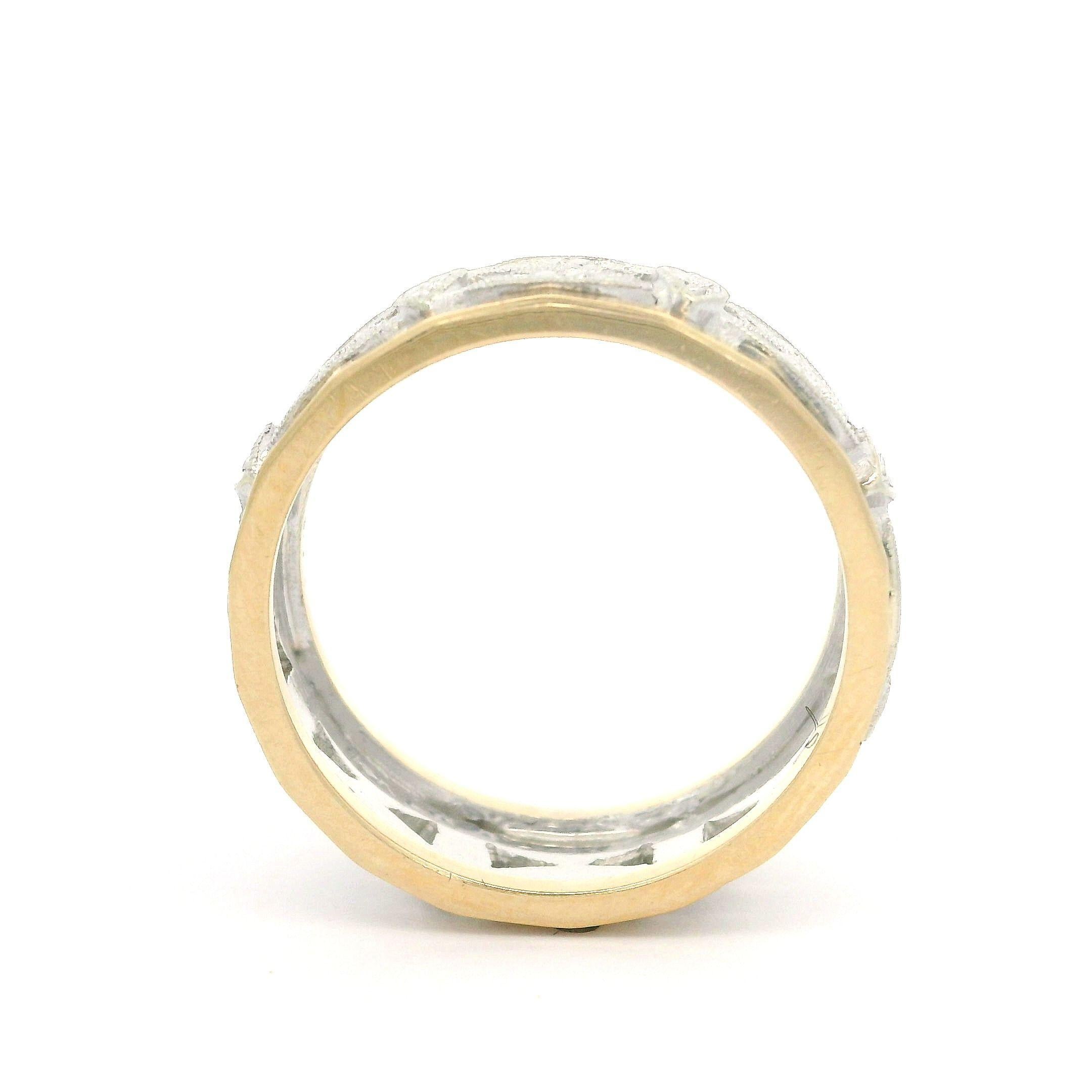 Vintage Solid Two Tone Gold Wide Open Work Faceted Sides Eternity Band Ring For Sale 2
