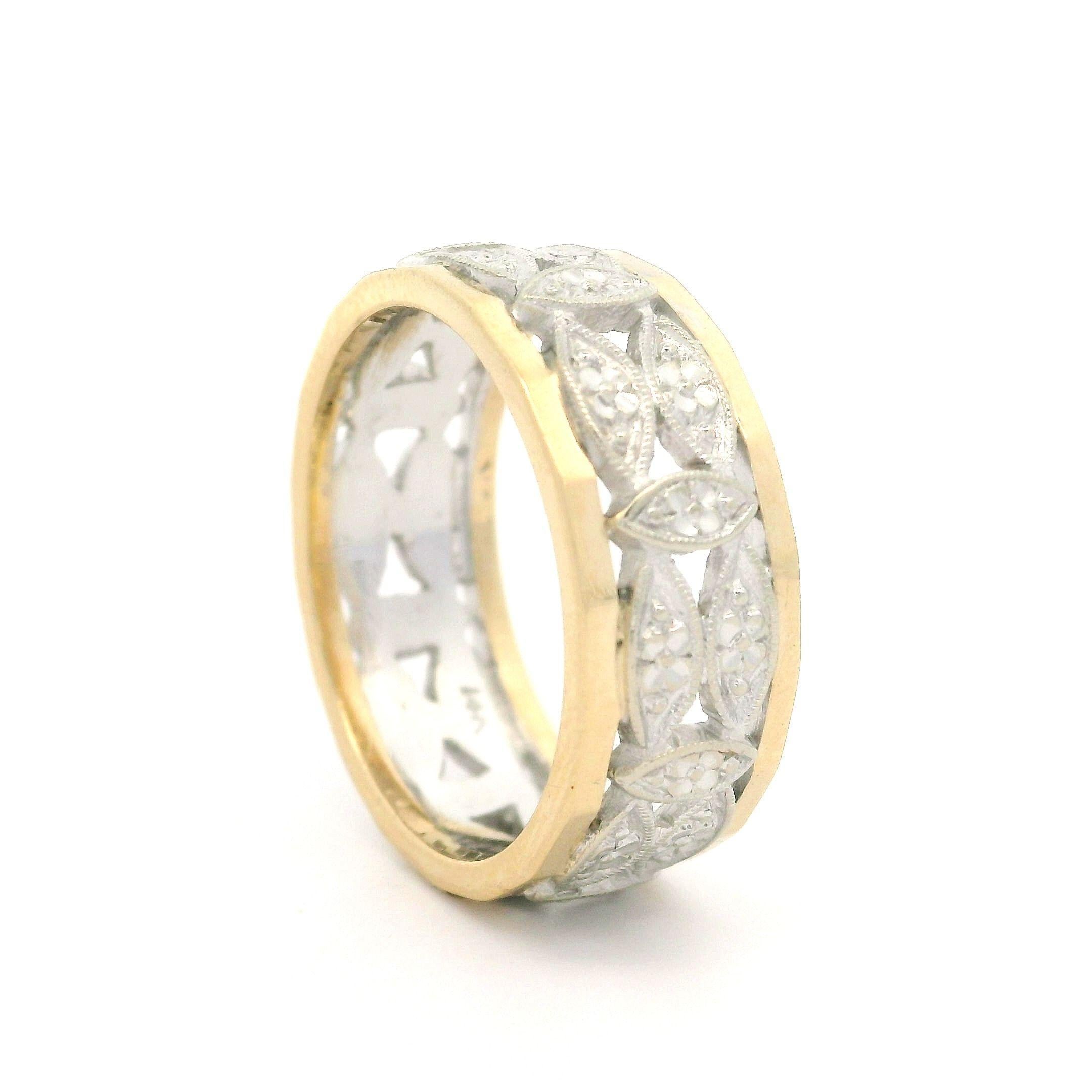 Vintage Solid Two Tone Gold Wide Open Work Faceted Sides Eternity Band Ring For Sale 3
