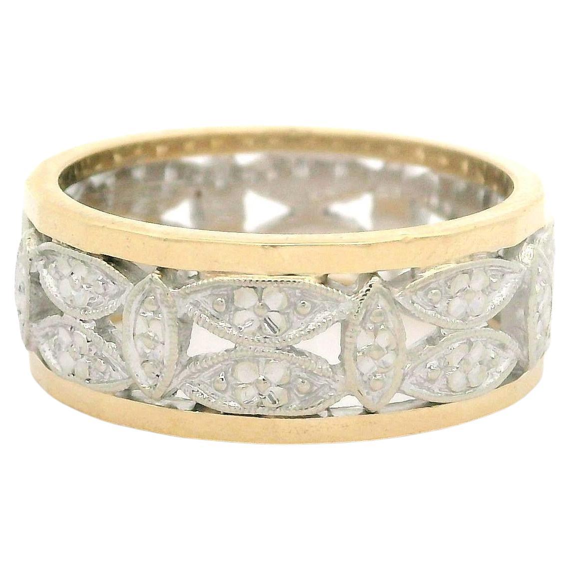 Vintage Solid Two Tone Gold Wide Open Work Faceted Sides Eternity Band Ring For Sale