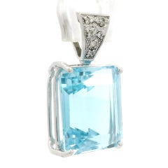 Vintage Solid White Gold 19.92ctw Emerald Cut Blue Topaz Diamond Pendant