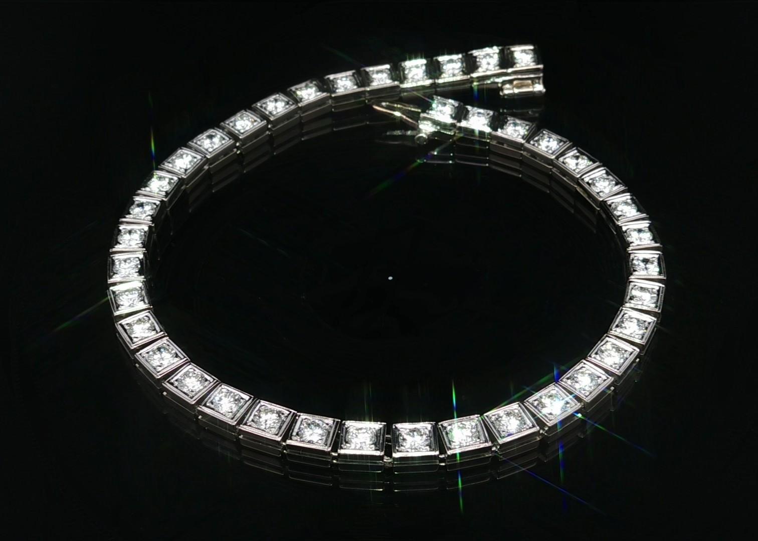 Vintage Solid White Gold 2.8ct Diamond Milgrain Square Link Line Tennis Bracelet en vente 2