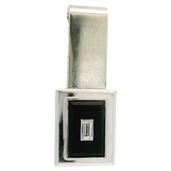 Vintage Solid White Gold Rectangular  Black Onyx & Baguette Diamond Money Clip