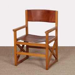 Vintage solid wood and leather bridge chair, 1980