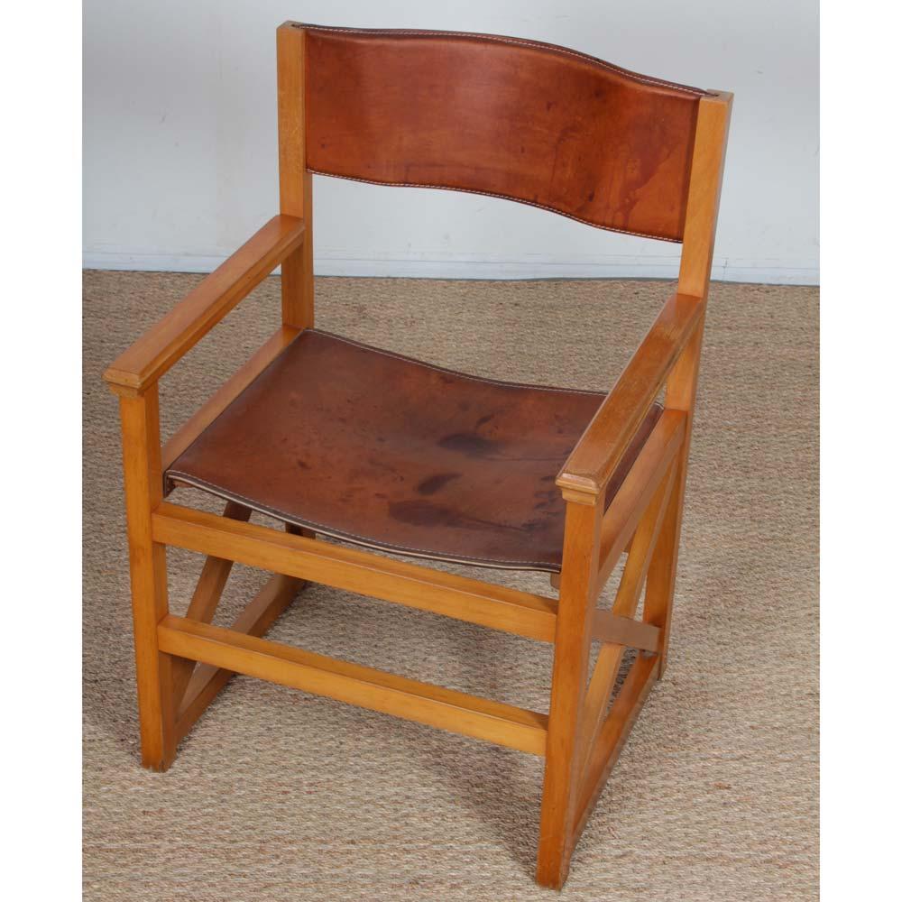 Brückenstuhl aus Massivholz und Leder, Vintage By, 1980 im Angebot 1