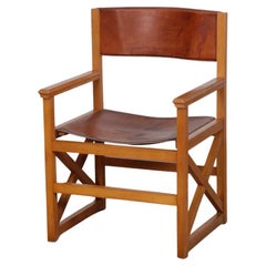 Silla puente vintage de madera maciza y cuero, 1980