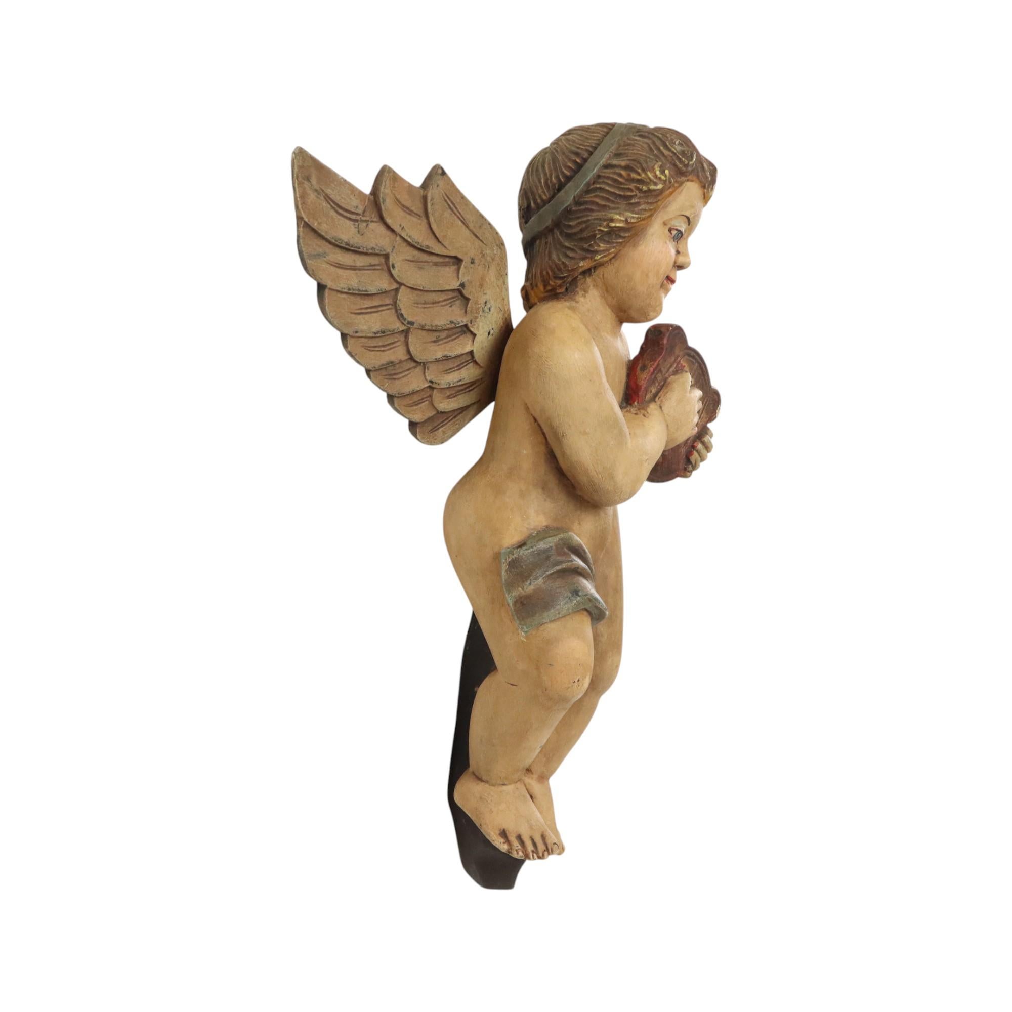 Vintage Solid Wood Angel Cherub Statue Hand Painted 49cm 2