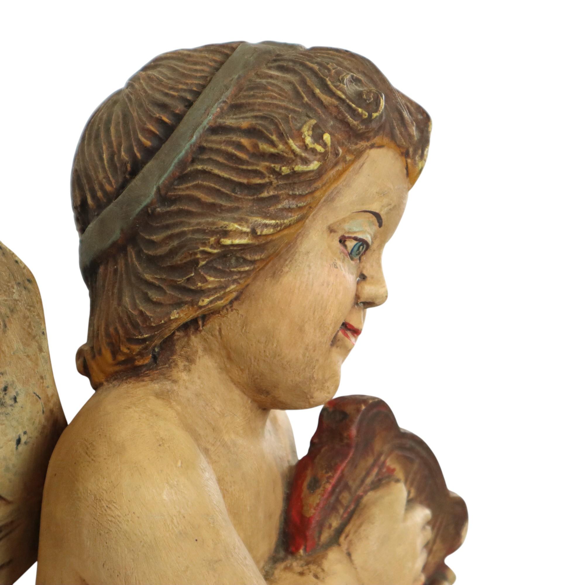 Vintage Solid Wood Angel Cherub Statue Hand Painted 49cm 3