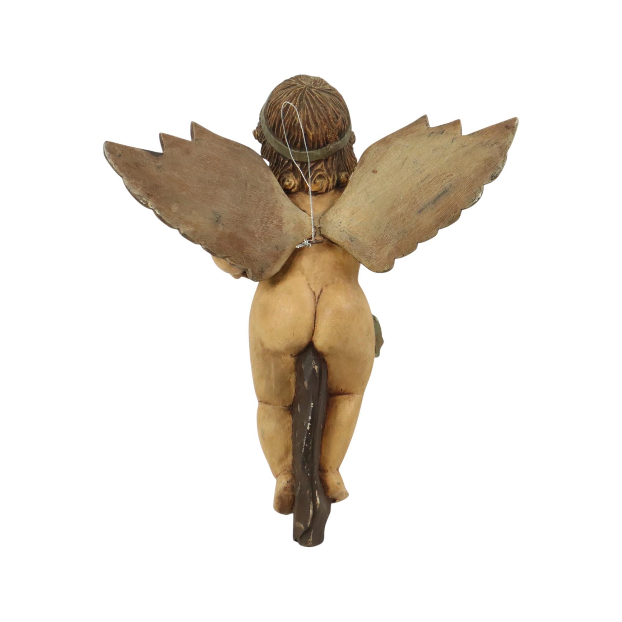 Vintage Solid Wood Angel Cherub Statue Hand Painted 49cm 6