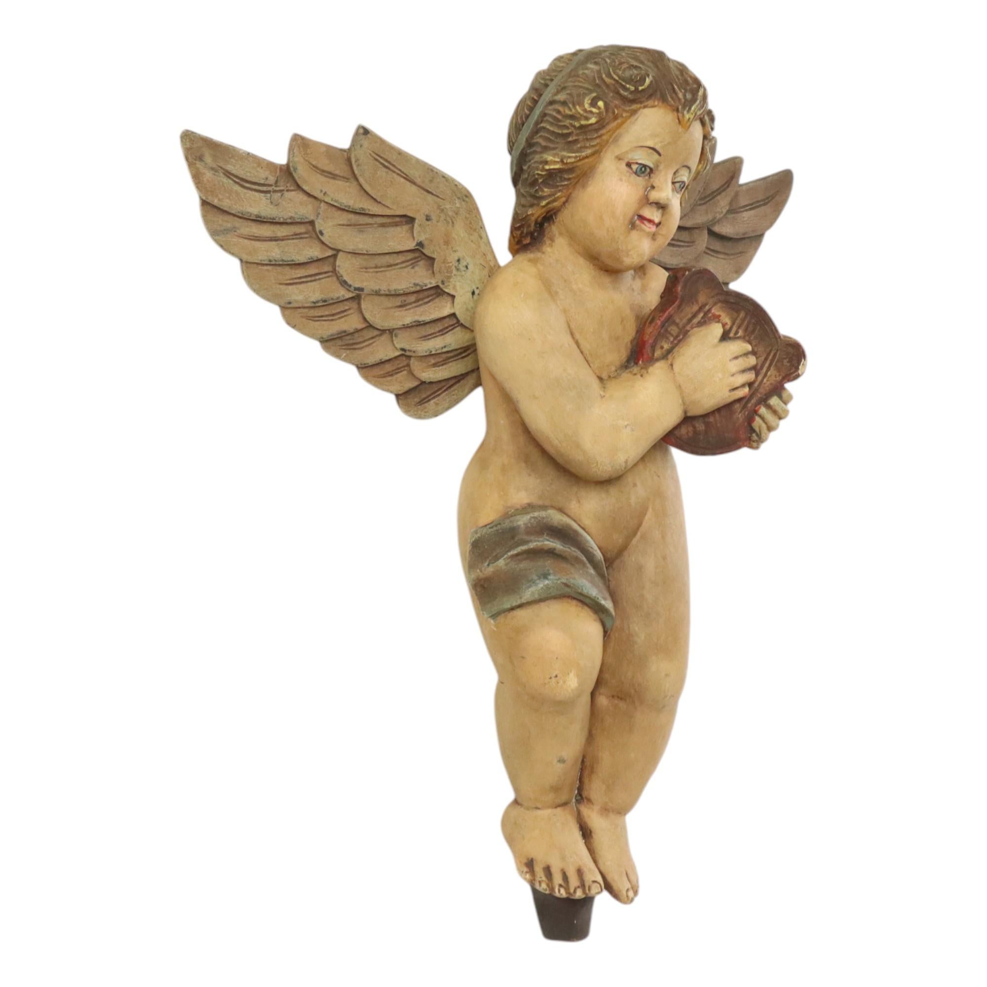Baroque Vintage Solid Wood Angel Cherub Statue Hand Painted 49cm