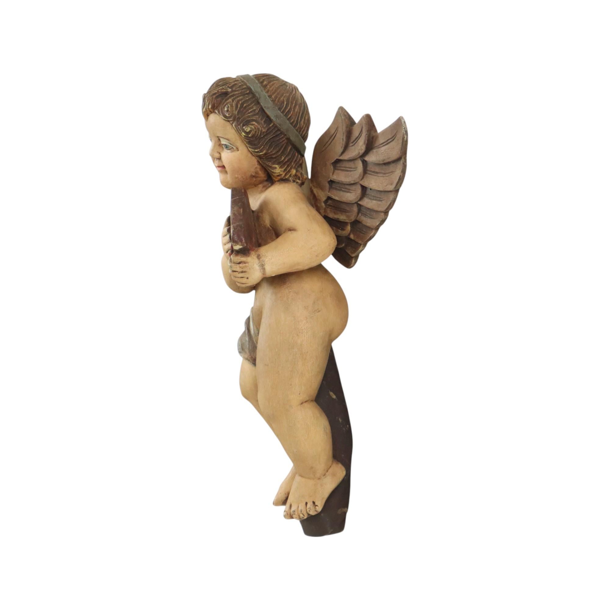 Belgian Vintage Solid Wood Angel Cherub Statue Hand Painted 49cm
