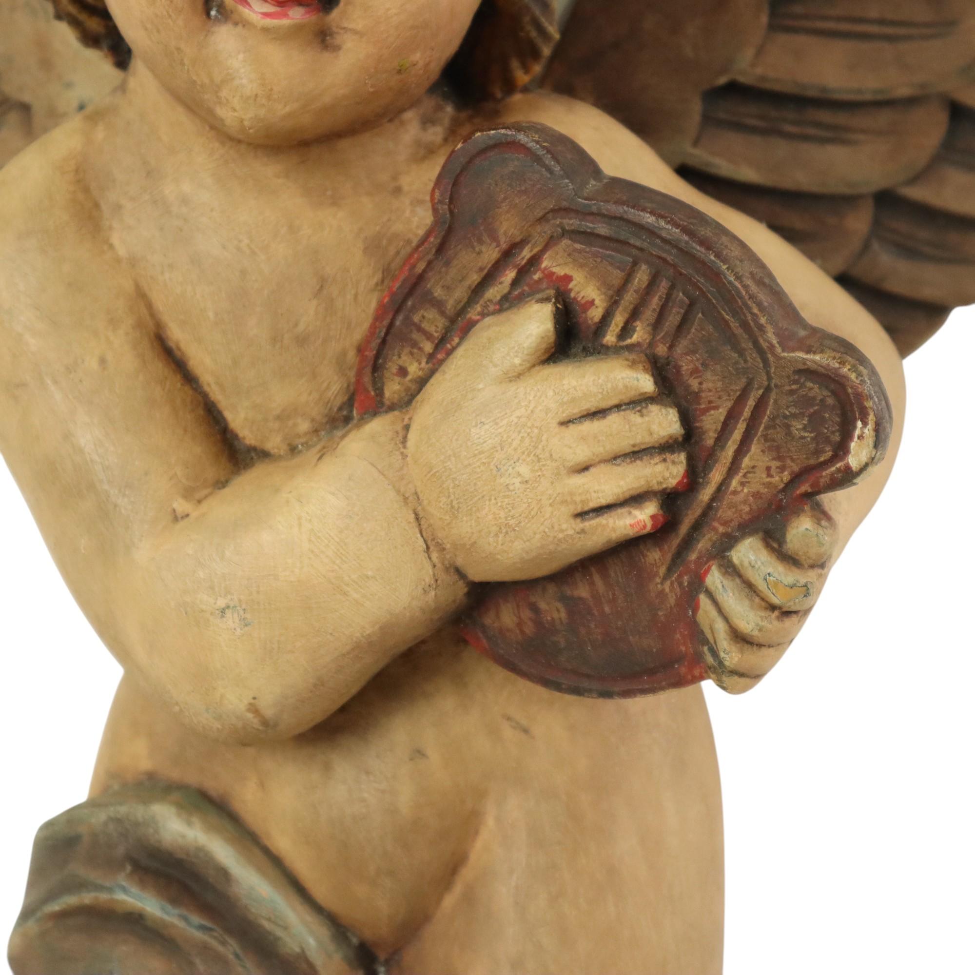 Vintage Solid Wood Angel Cherub Statue Hand Painted 49cm In Good Condition In Poperinge, BE