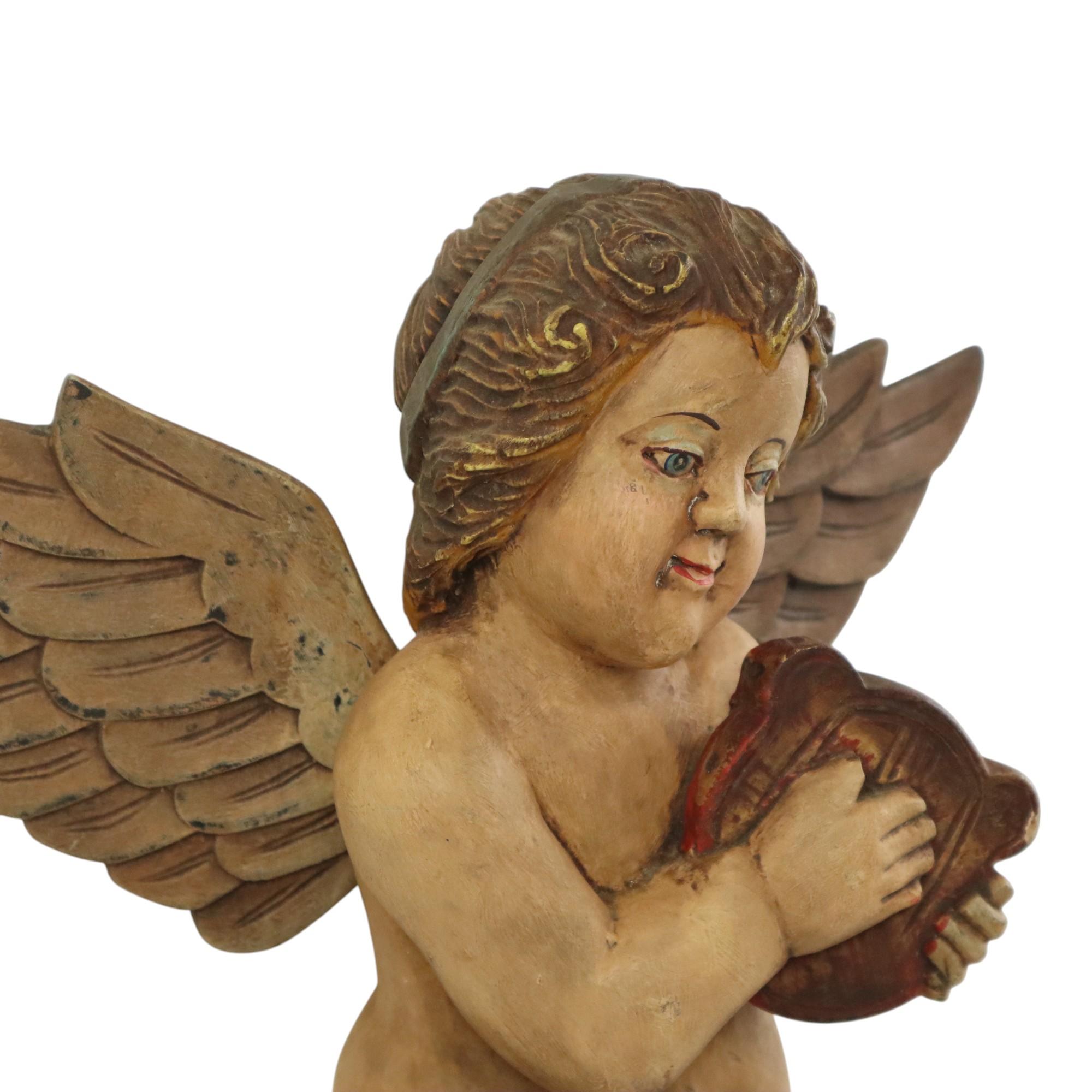 Gesso Vintage Solid Wood Angel Cherub Statue Hand Painted 49cm