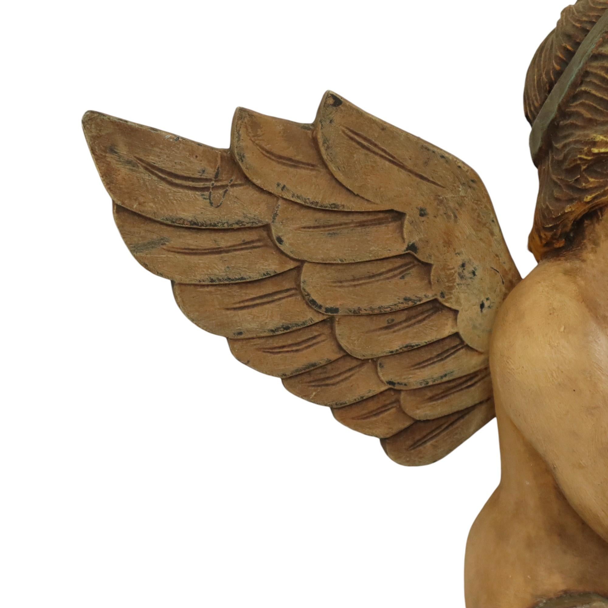 Vintage Solid Wood Angel Cherub Statue Hand Painted 49cm 1
