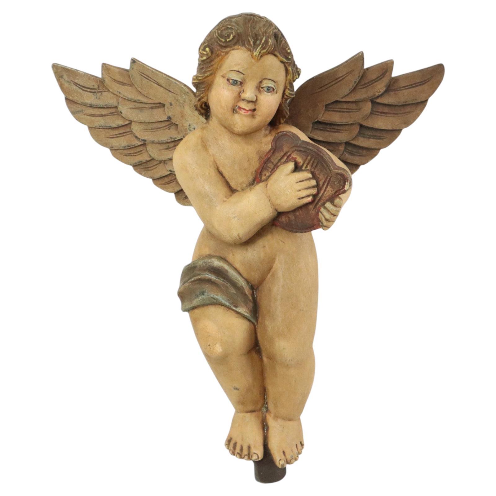 Vintage Solid Wood Angel Cherub Statue Hand Painted 49cm