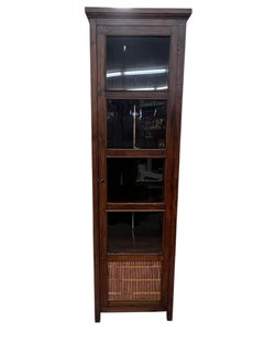 Vintage Solid Wood Book Shelf or Display Cabinet with Rattan Accents