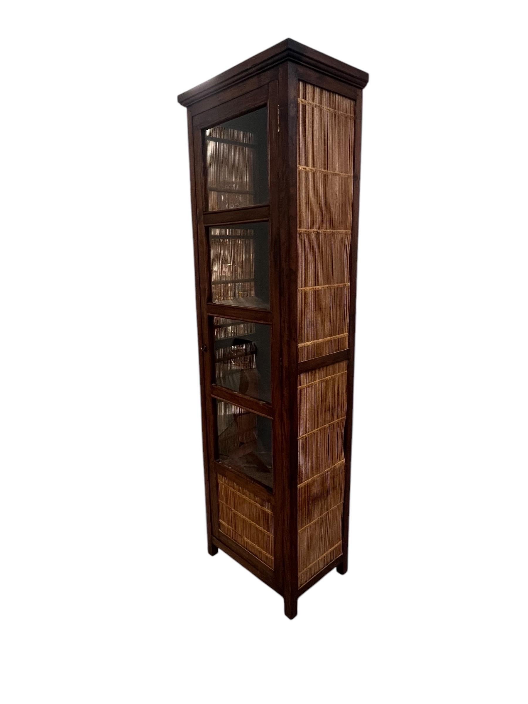 Mid-Century Modern Vintage Solid Wood Book Shelf or Display Cabinet with Rattan Accents