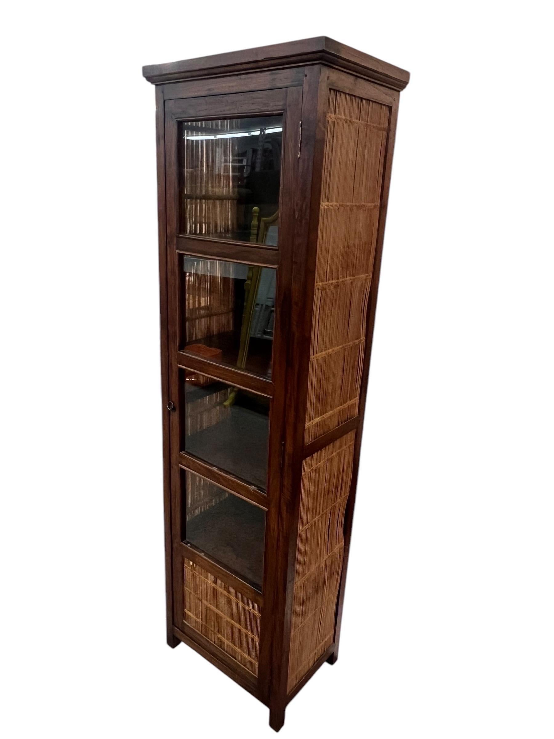 Vintage Solid Wood Book Shelf or Display Cabinet with Rattan Accents In Good Condition In Seattle, WA