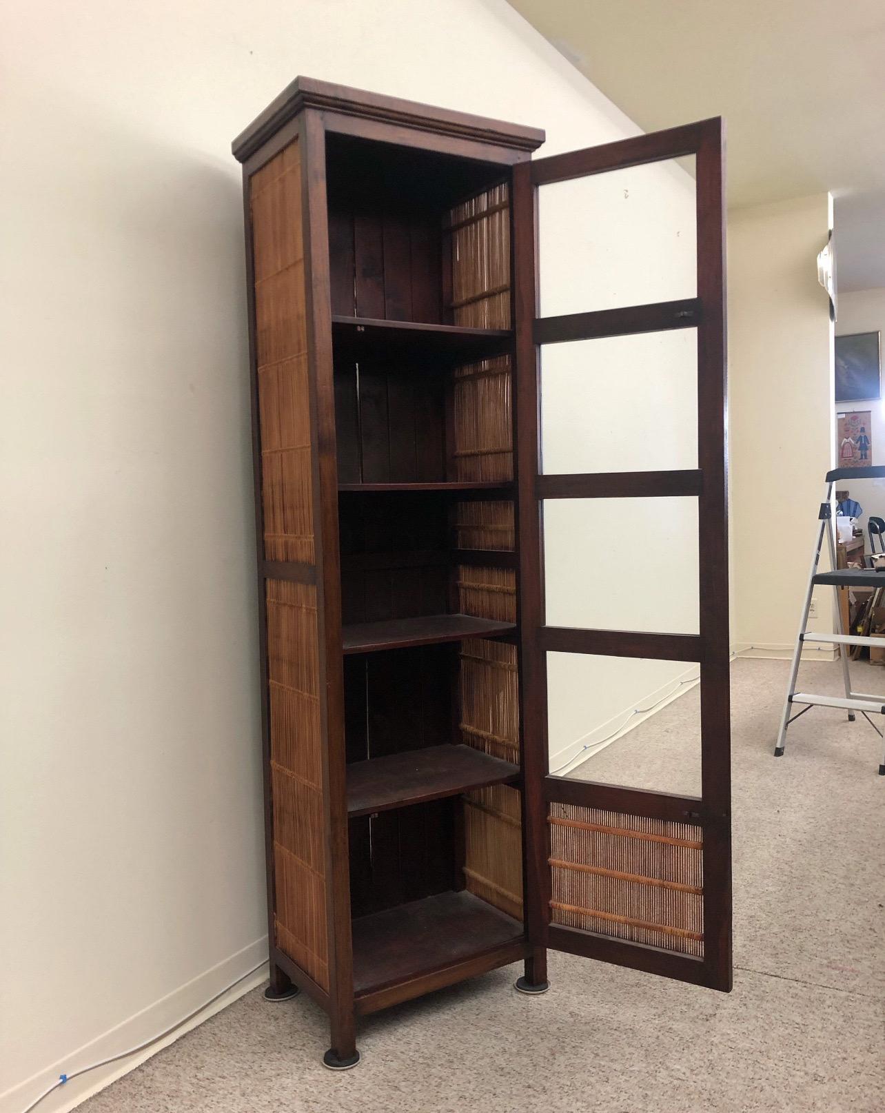 Vintage Solid Wood Book Shelf or Display Cabinet with Rattan Accents 3
