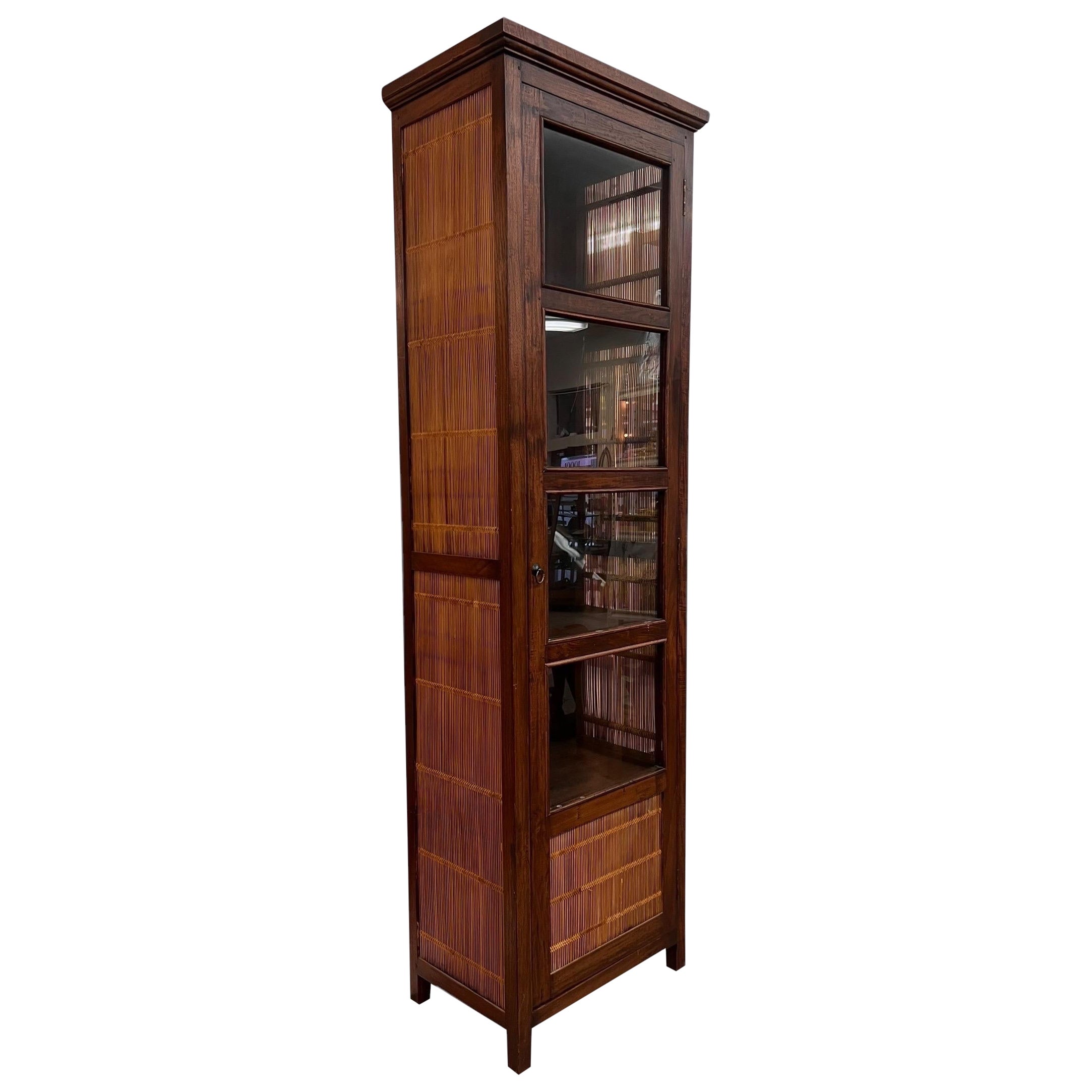 Vintage Solid Wood Book Shelf or Display Cabinet with Rattan Accents