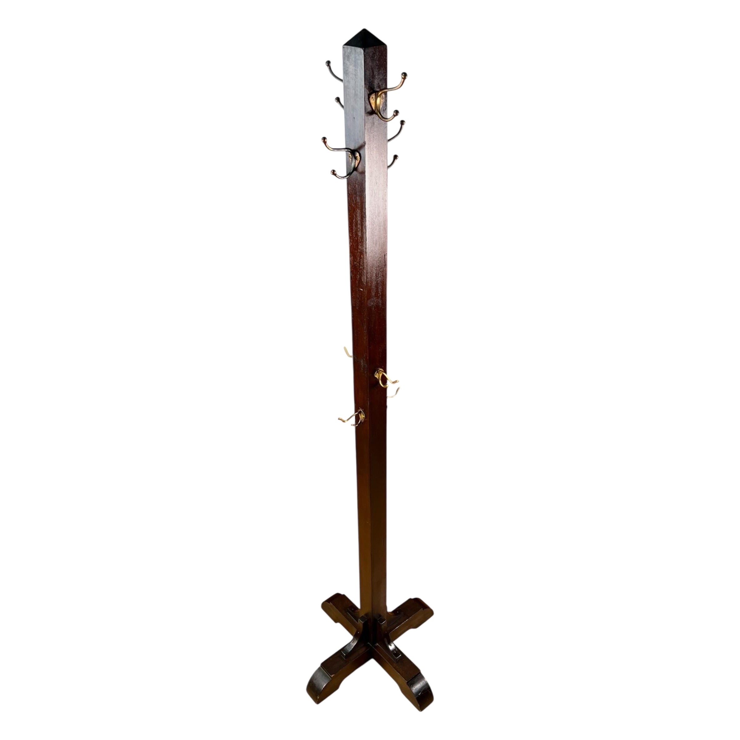Vintage Solid Wood Coat Rack With Brass Hooks
