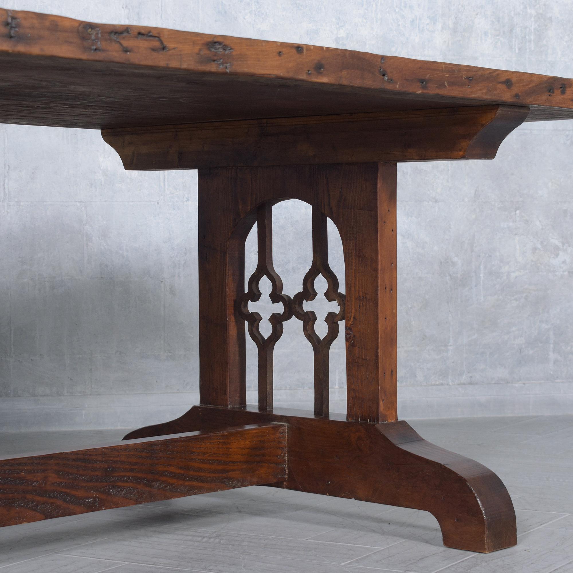 Mid-20th Century Vintage Solid Wood Dining Table with Iron Accents and Pedestal Legs For Sale