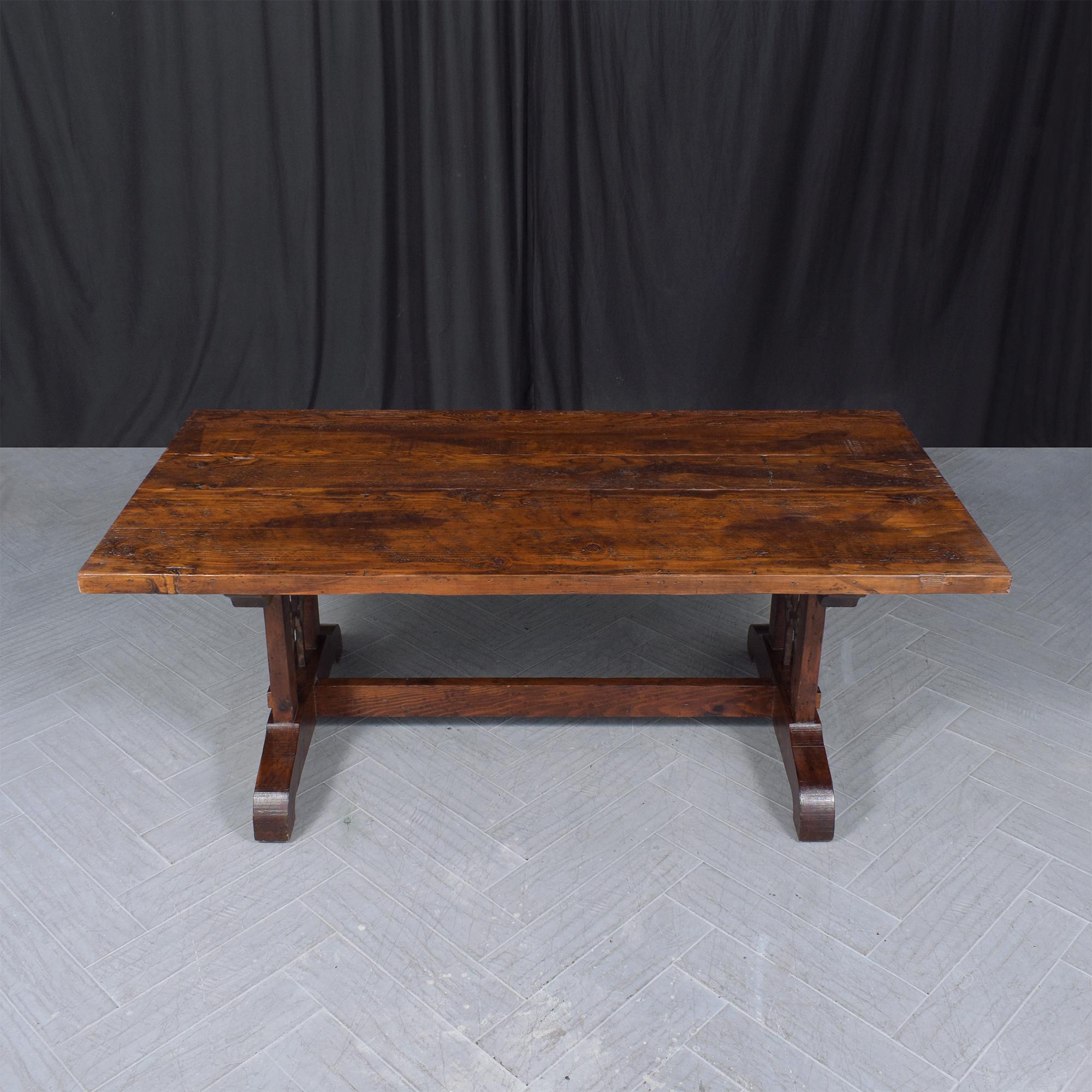Vintage Solid Wood Dining Table with Iron Accents and Pedestal Legs For Sale 4