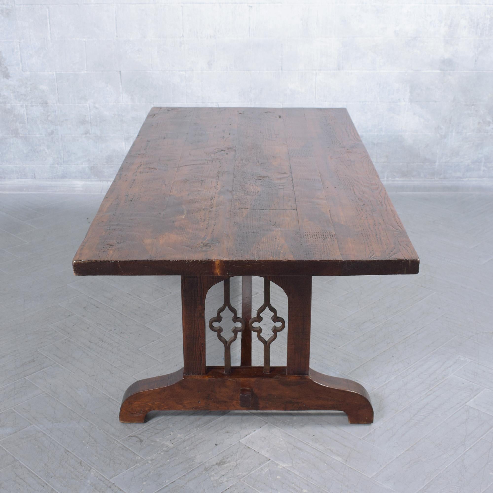 Vintage Solid Wood Dining Table with Iron Accents and Pedestal Legs For Sale 6