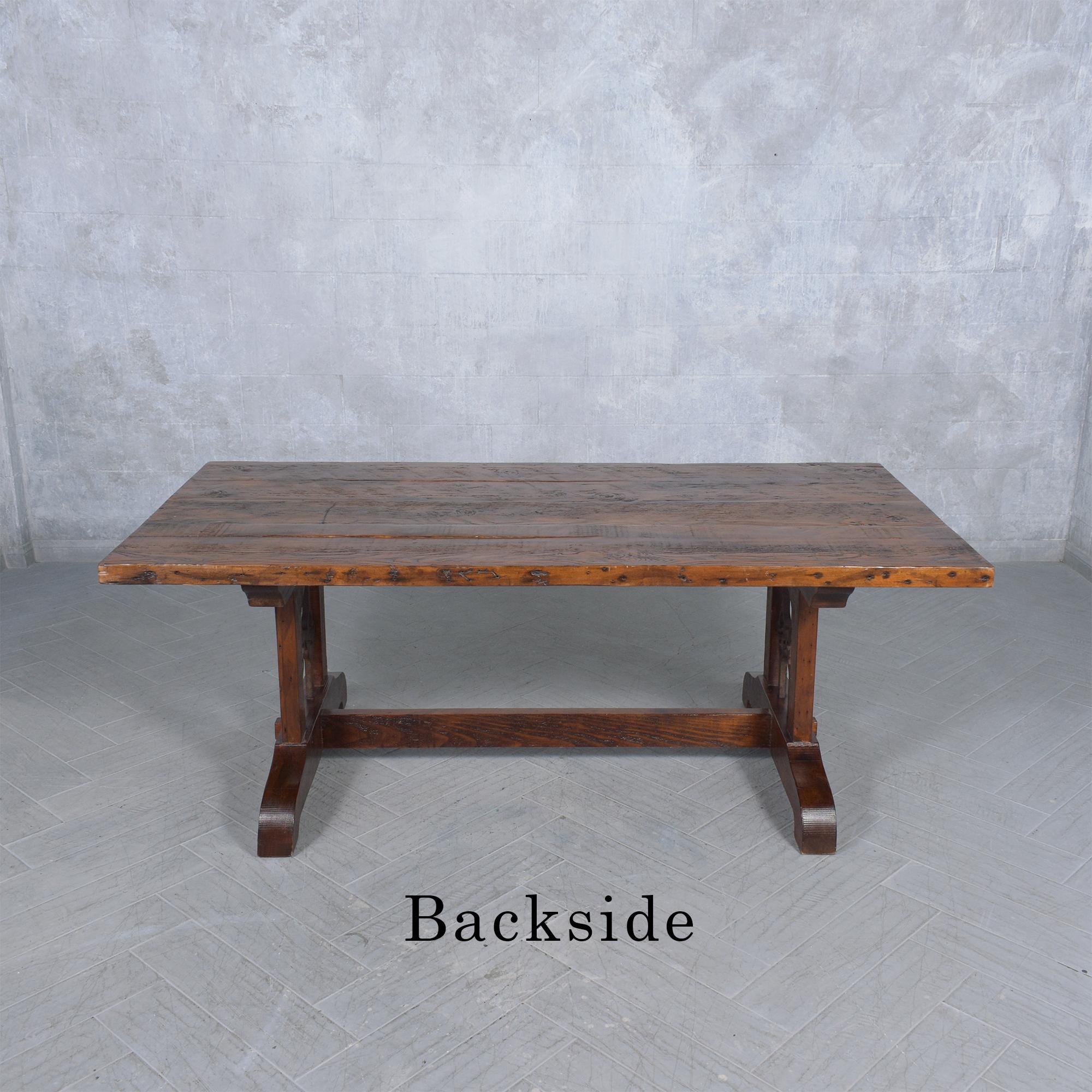 Vintage Solid Wood Dining Table with Iron Accents and Pedestal Legs For Sale 7