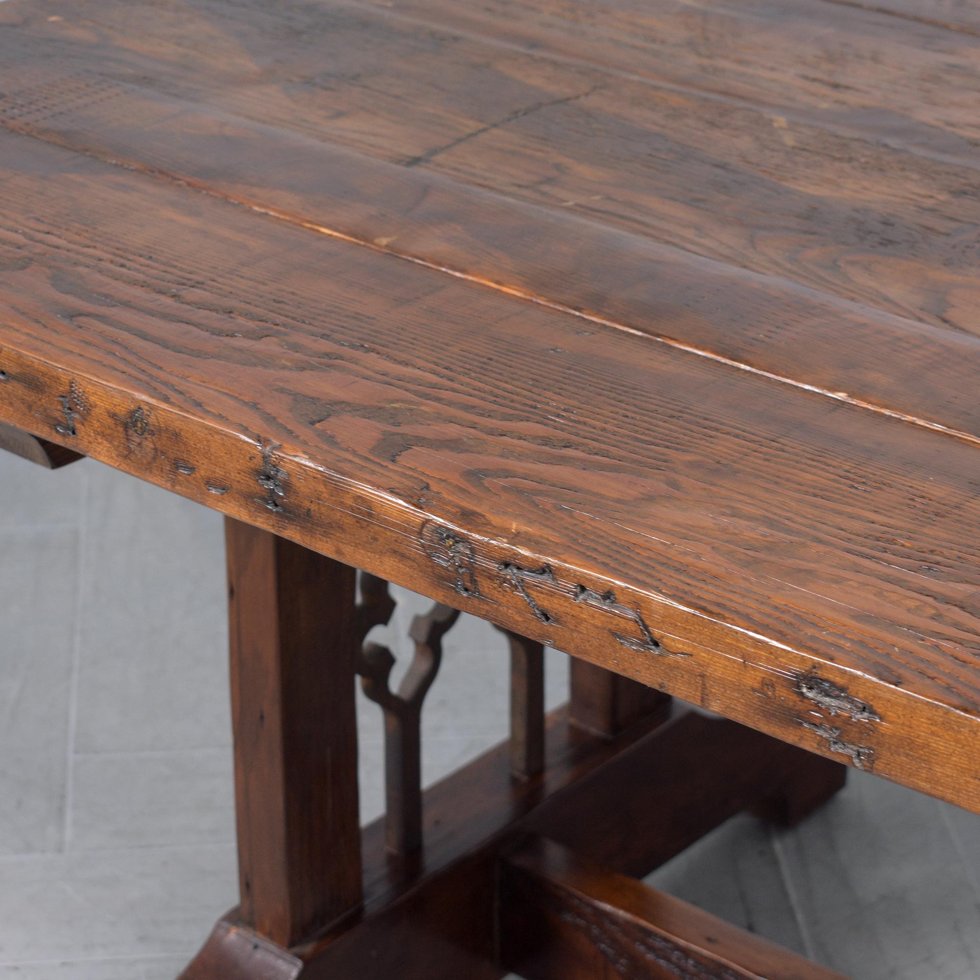 Spanish Colonial Vintage Solid Wood Dining Table with Iron Accents and Pedestal Legs For Sale