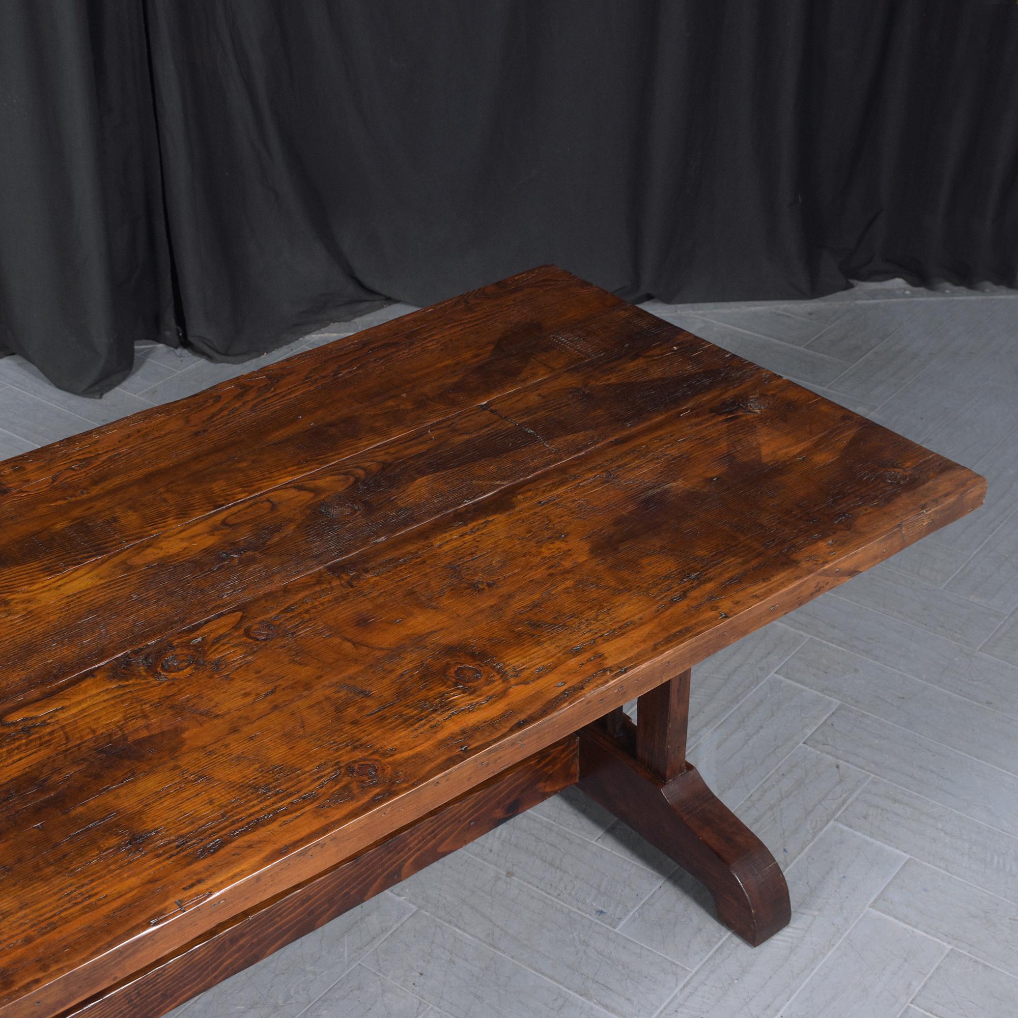 Spanish Vintage Solid Wood Dining Table with Iron Accents and Pedestal Legs For Sale