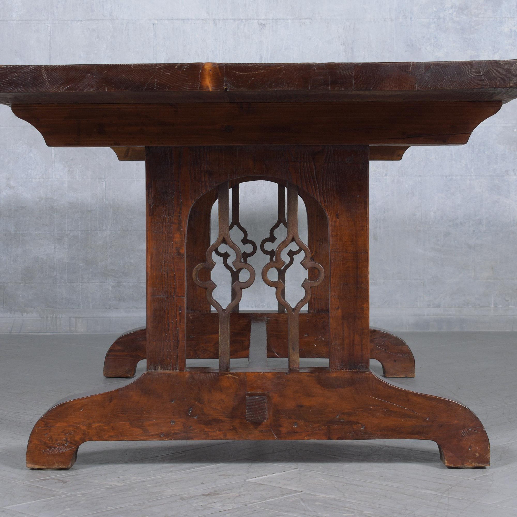 Vintage Solid Wood Dining Table with Iron Accents and Pedestal Legs In Good Condition For Sale In Los Angeles, CA