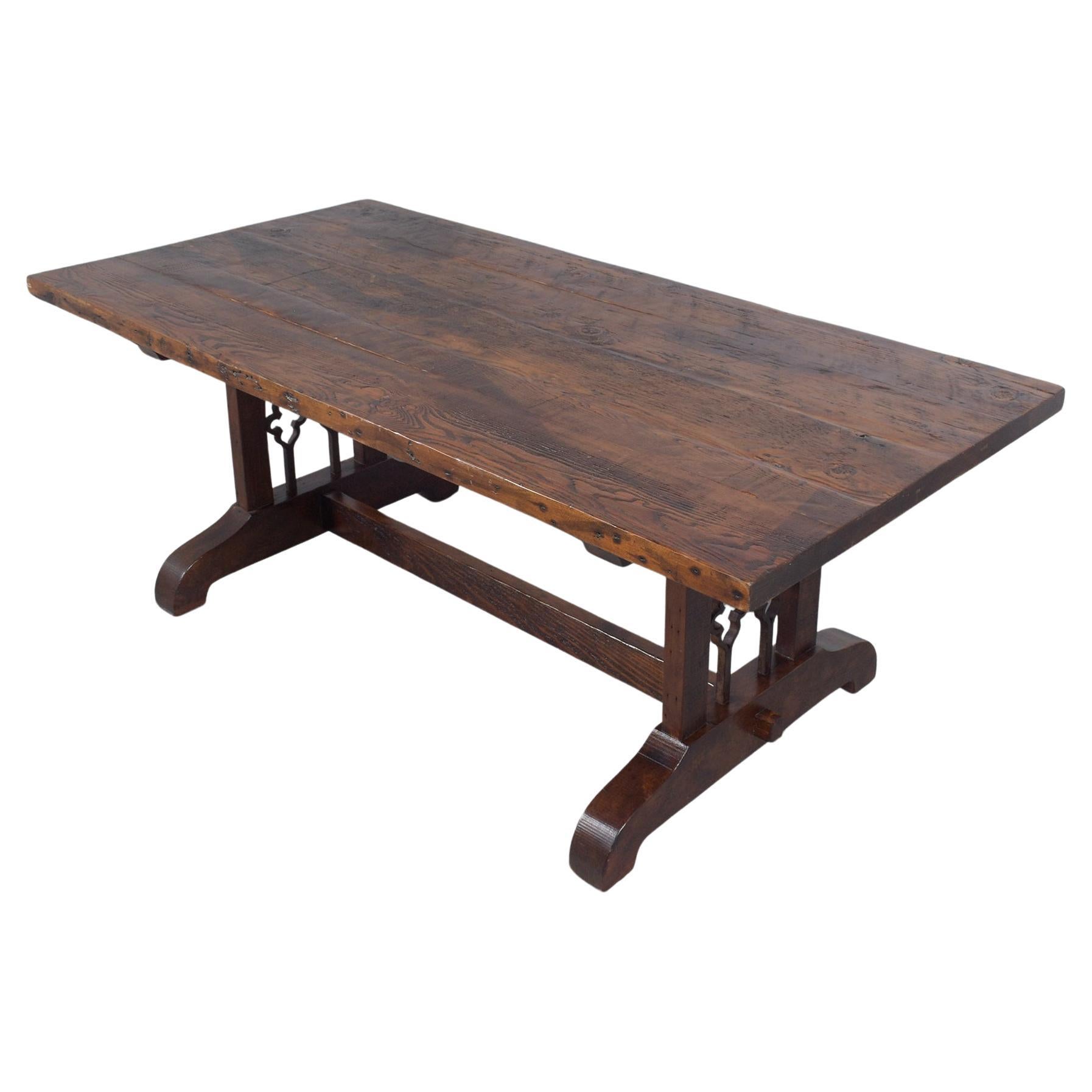 Vintage Solid Wood Dining Table with Iron Accents and Pedestal Legs For Sale
