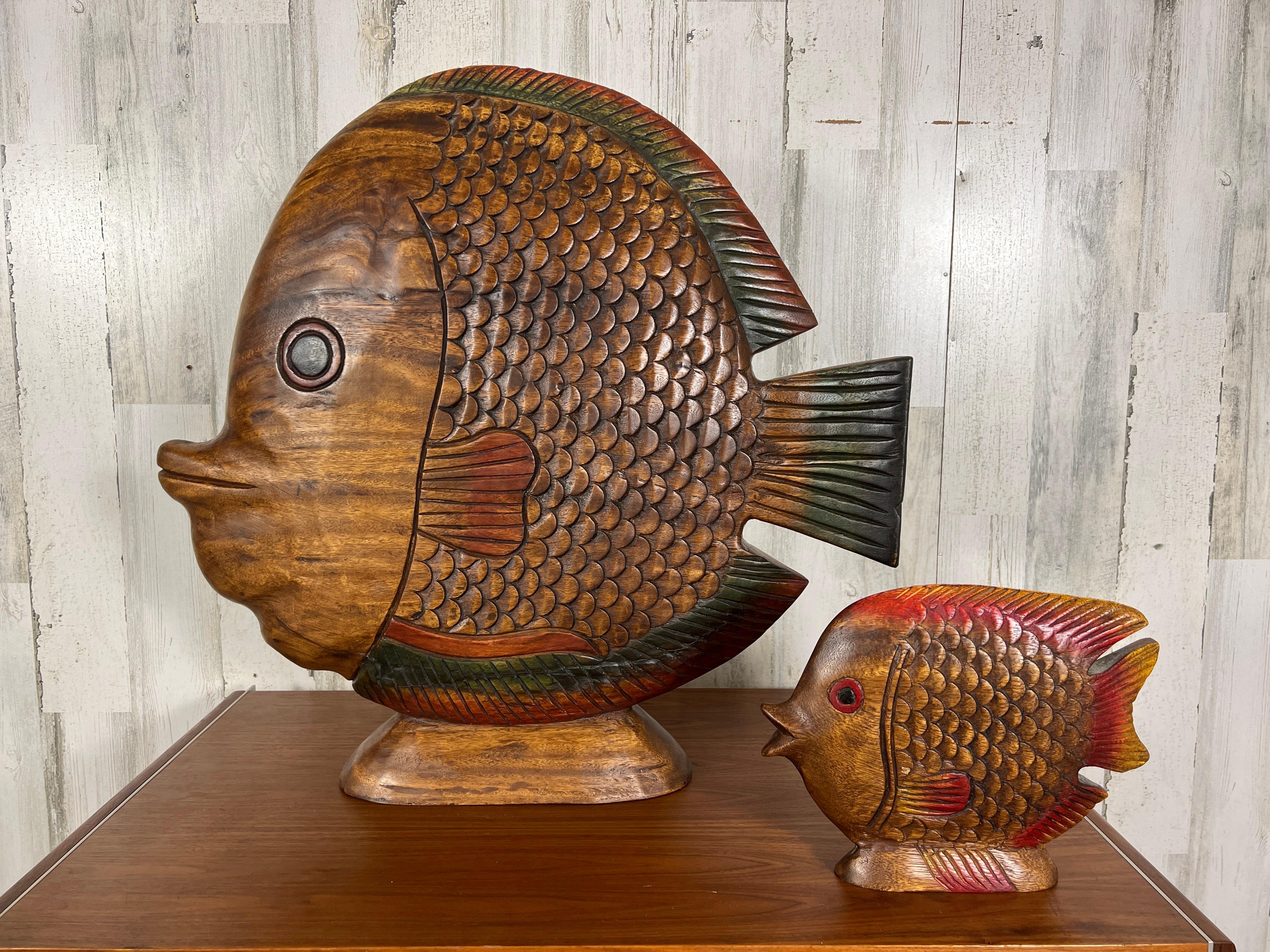 Carved solid mahogany pair of Koi fish with lightly painted accents 

Massive fish 5