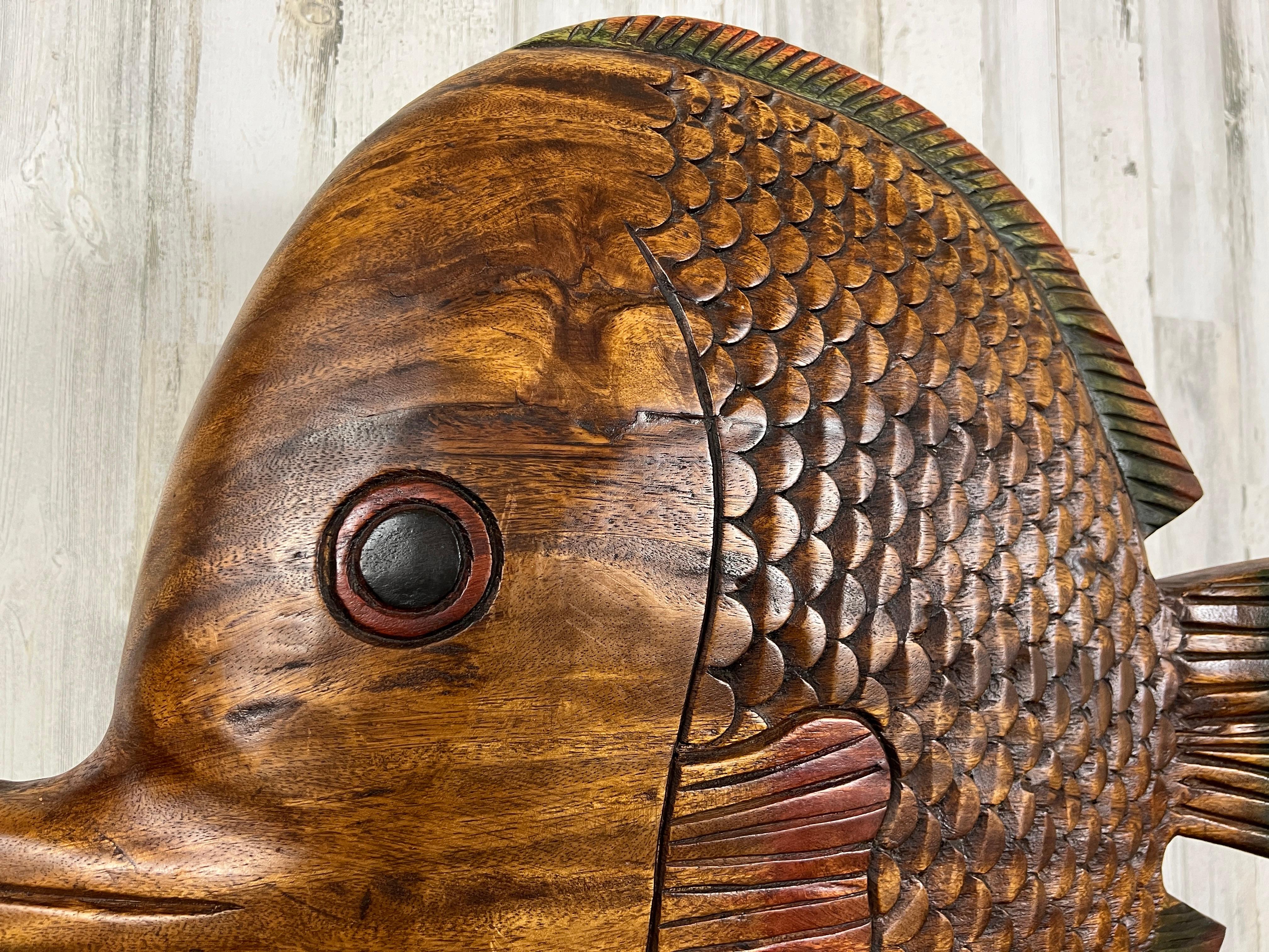 Vintage Solid Wood Hand -Carved Koi Fish For Sale 1