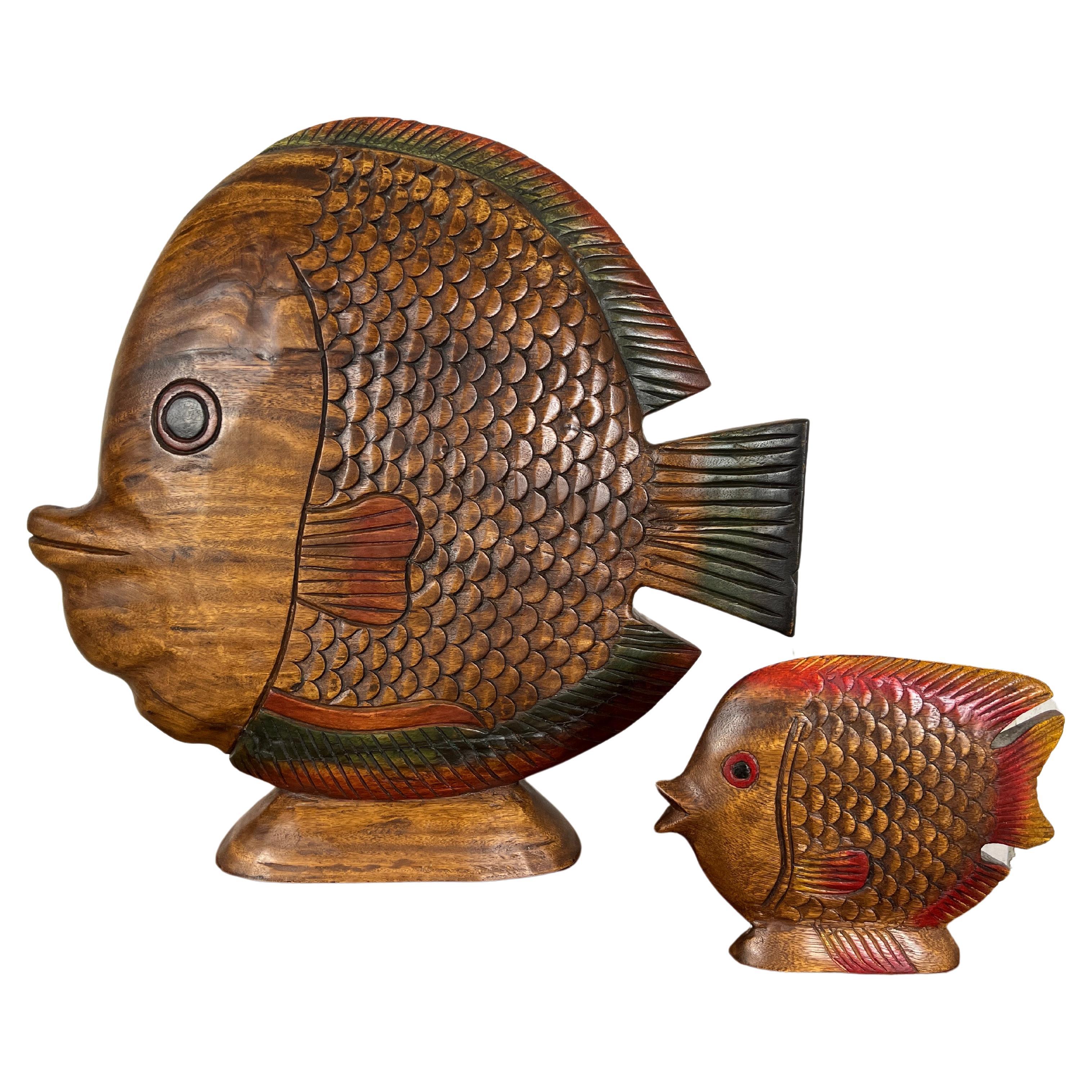 Poisson KOI vintage en bois massif sculpté à la main