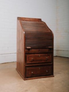 Vintage Solid Wood Roll-Top Secretary Desk – Slim Tambour Front Bureau