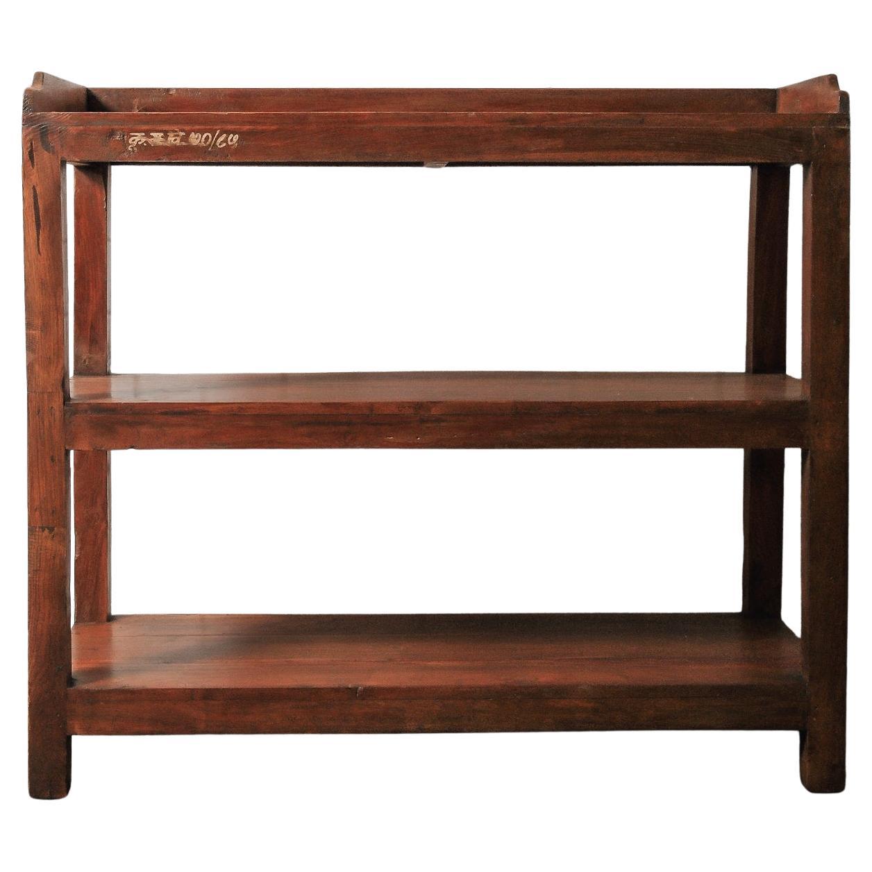 Vintage Solid Wood Three-Tier Open Shelving Unit with Warm Patina For Sale