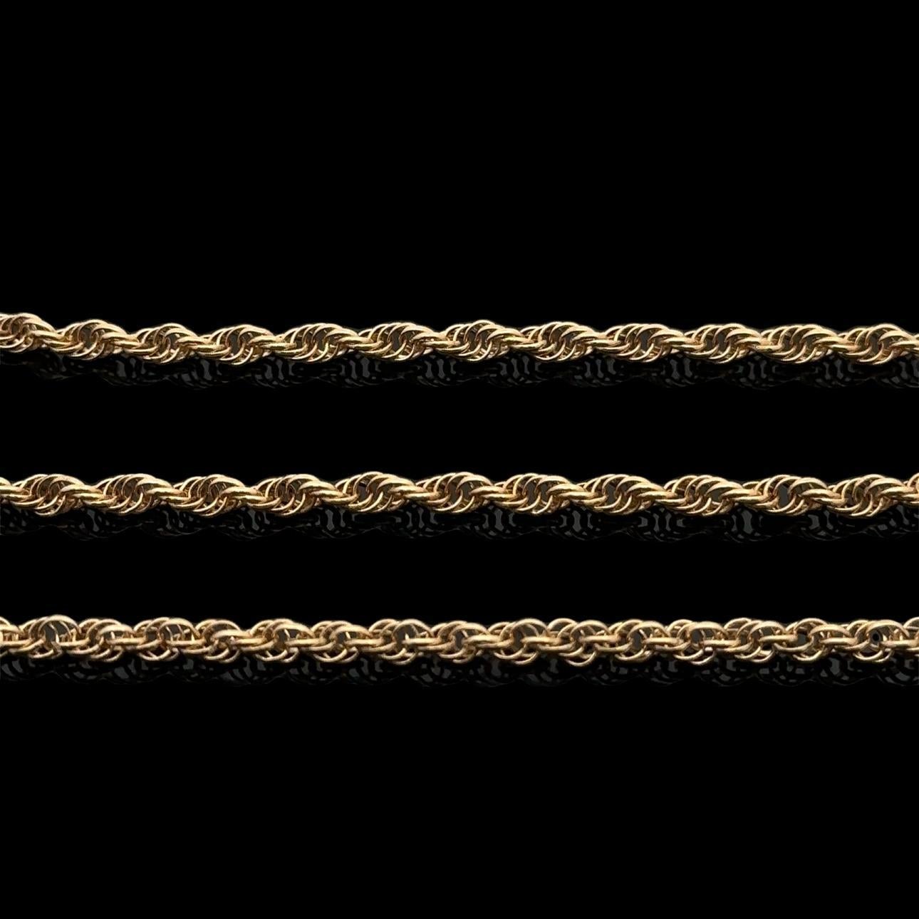 Material: Solid 14k Yellow Gold 
Weight: 8.10 Grams
Chain Type: Rope link chain
Chain Length: 16 Inches
Chain Thickness: 2.7mm 
Clasp: Spring Ring & Dog Clip
Inside Clasp Dimensions: 4mm (spring ring), 6.7 x 5.1mm (dog clip)
Condition: Vintage.
