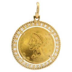 Vintage Solid Yellow Gold 1899 Five Dollar Coin 0.60ctw Diamond Frame Pendant
