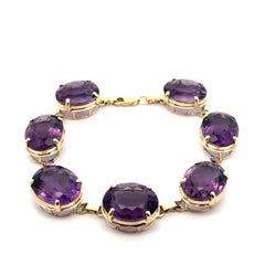Vintage Solid Yellow Gold 50ctw Large Oval Amethyst Substantial Link Bracelet
