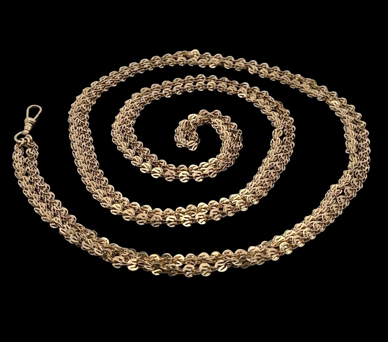 Material: Solid 14k Yellow Gold
Weight: 44.55 Grams
Chain Type: Unique link - See pictures
Chain Length: 67 Inches
Chain Width: 4.3mm (approx.)
Closure: Dog Clip
Inside Clasp Measurements: 7.6x3.5mm
Condition: Vintage. Original finish & patina