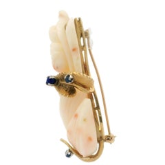 Vintage Solid Yellow Gold Carved Coral & Lapis Floral Leaf Design Pin Brooch