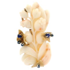 Vintage Solid Yellow Gold Carved Coral & Lapis Floral Leaf Design Pin Brooch