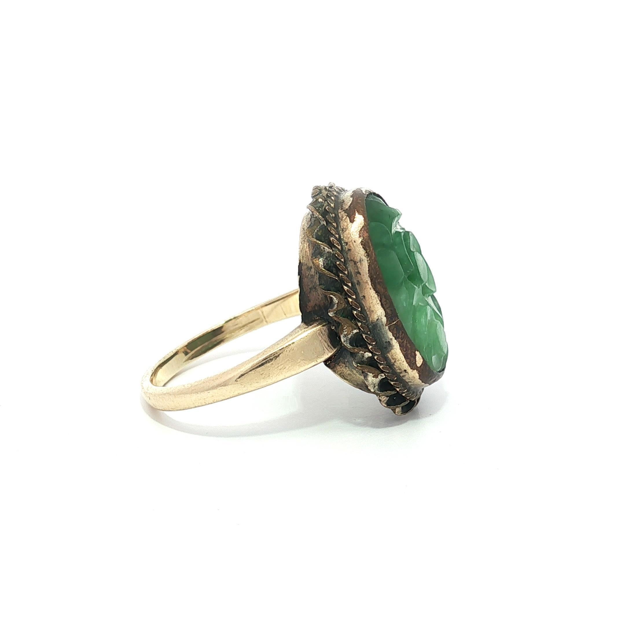 Vintage Solid Gelbgold geschnitzt durchbohrt Jade w / Twisted Wire Frame Ring im Angebot 5