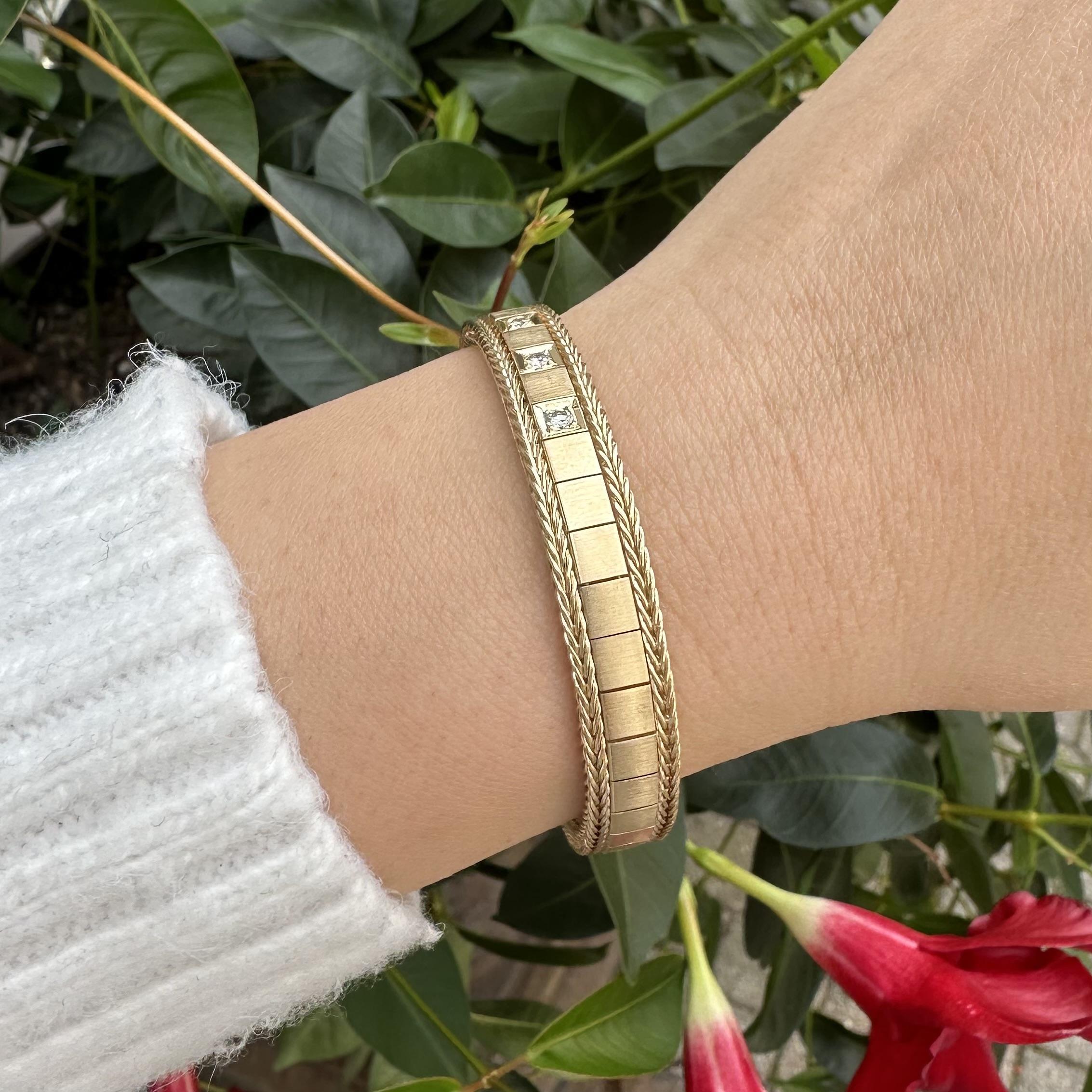 Vintage Solid Yellow Gold Diamond Articulating Links Wheat Chain Bracelet de chaîne de blé à maillons articulés en vente 4