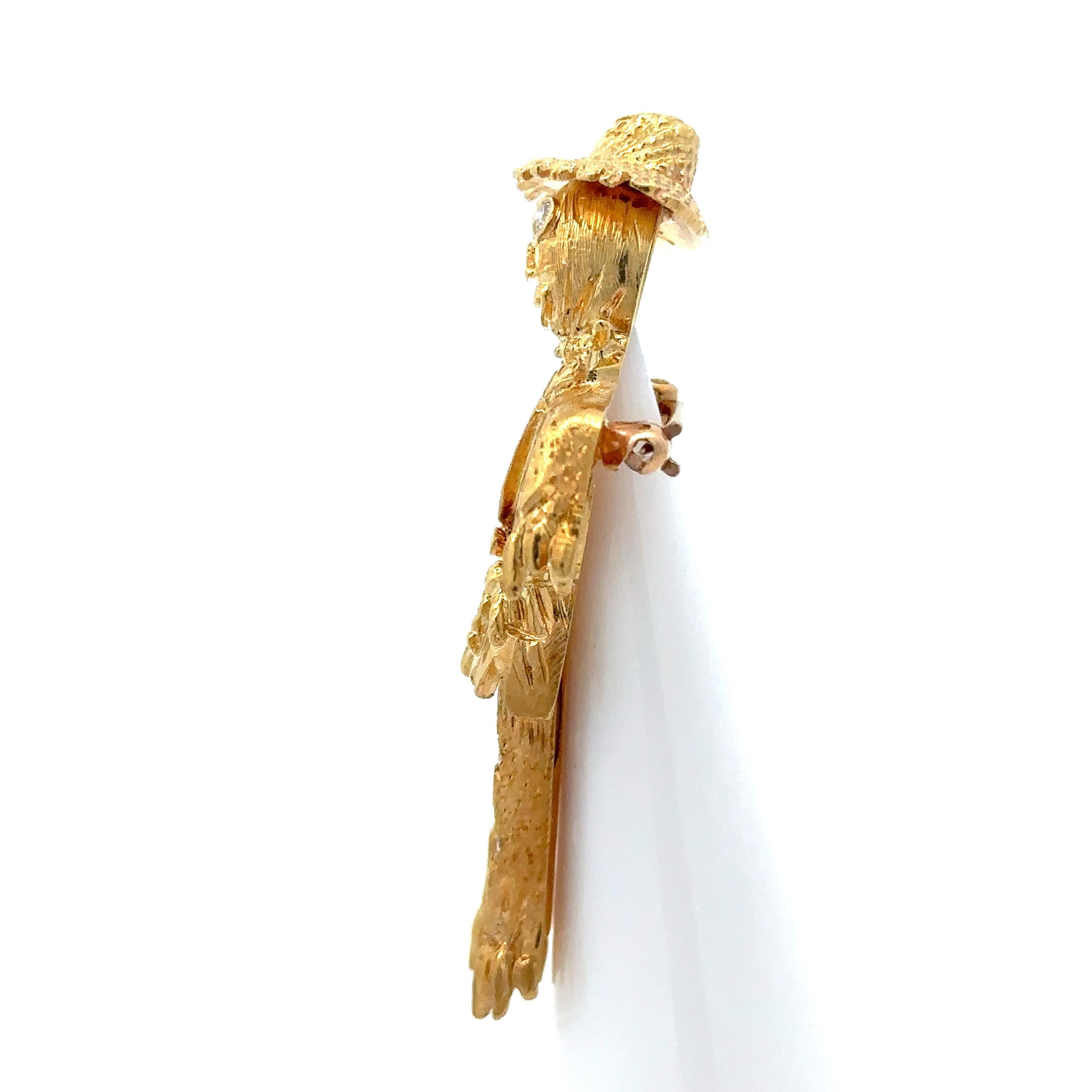 Single Cut Vintage Solid Yellow Gold Diamond Detailed Swinging Legs Scarecrow Pin Brooch For Sale