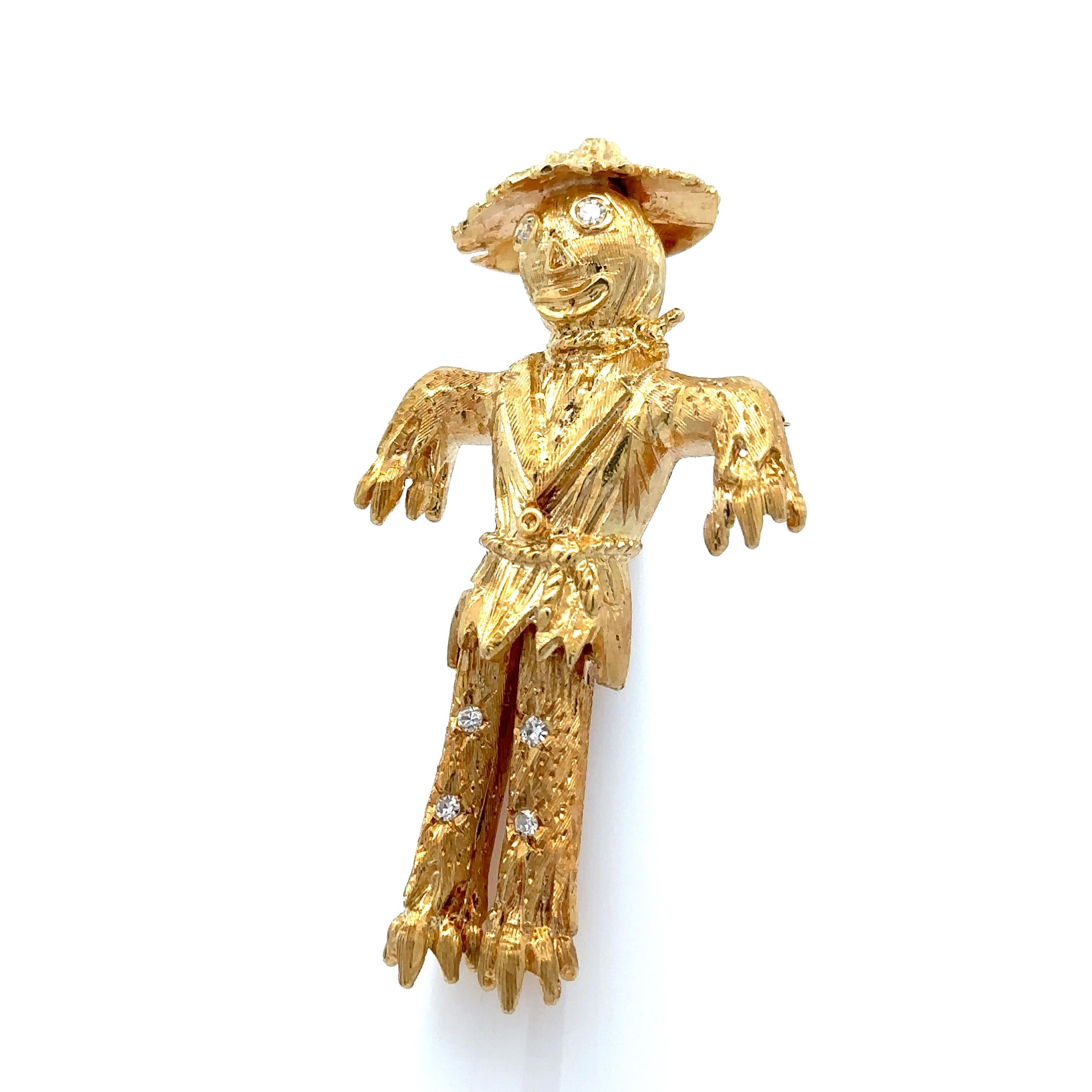 Vintage Solid Yellow Gold Diamond Detailed Swinging Legs Scarecrow Pin Brooch In Excellent Condition For Sale In Montclair, NJ