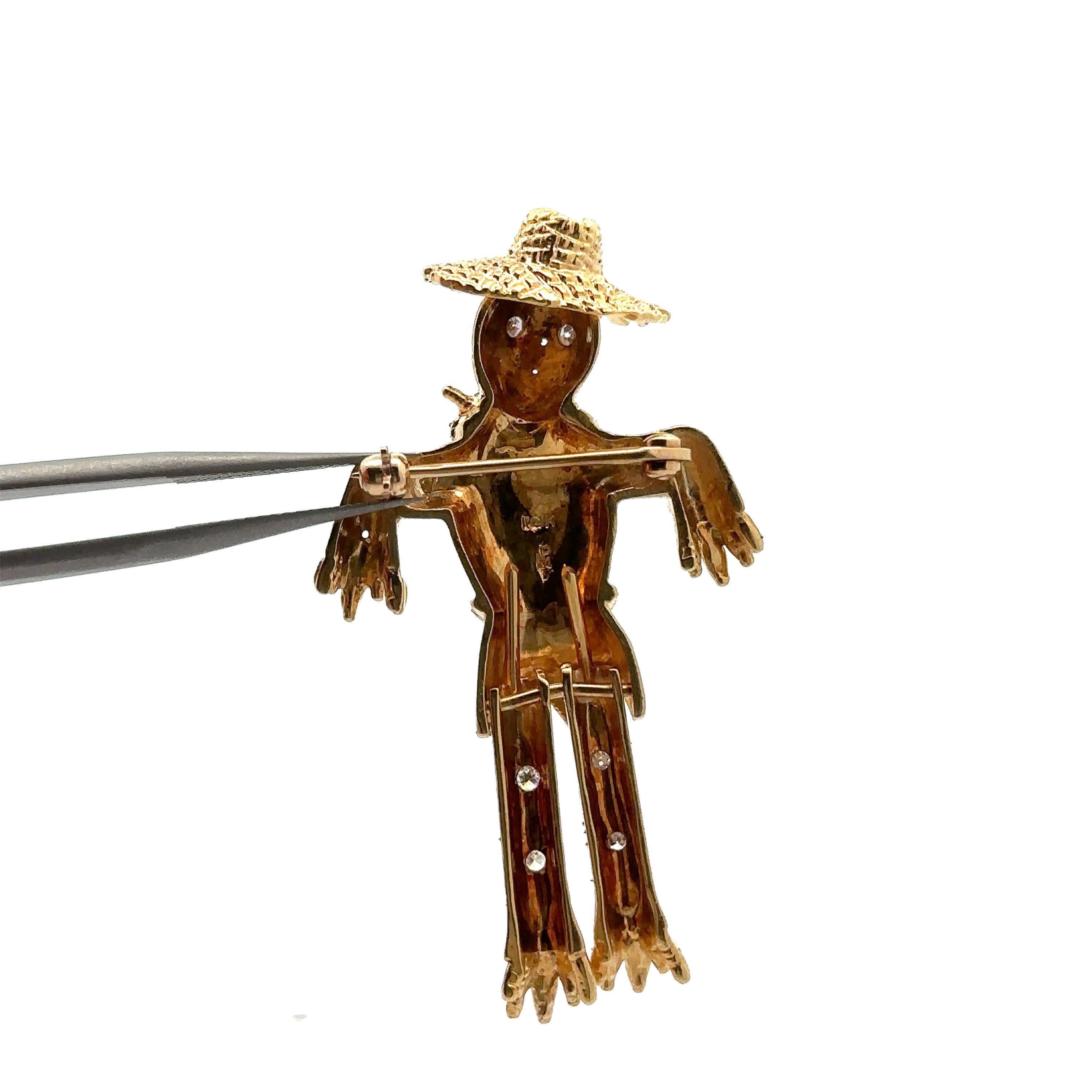 Women's or Men's Vintage Solid Yellow Gold Diamond Detailed Swinging Legs Scarecrow Pin Brooch For Sale