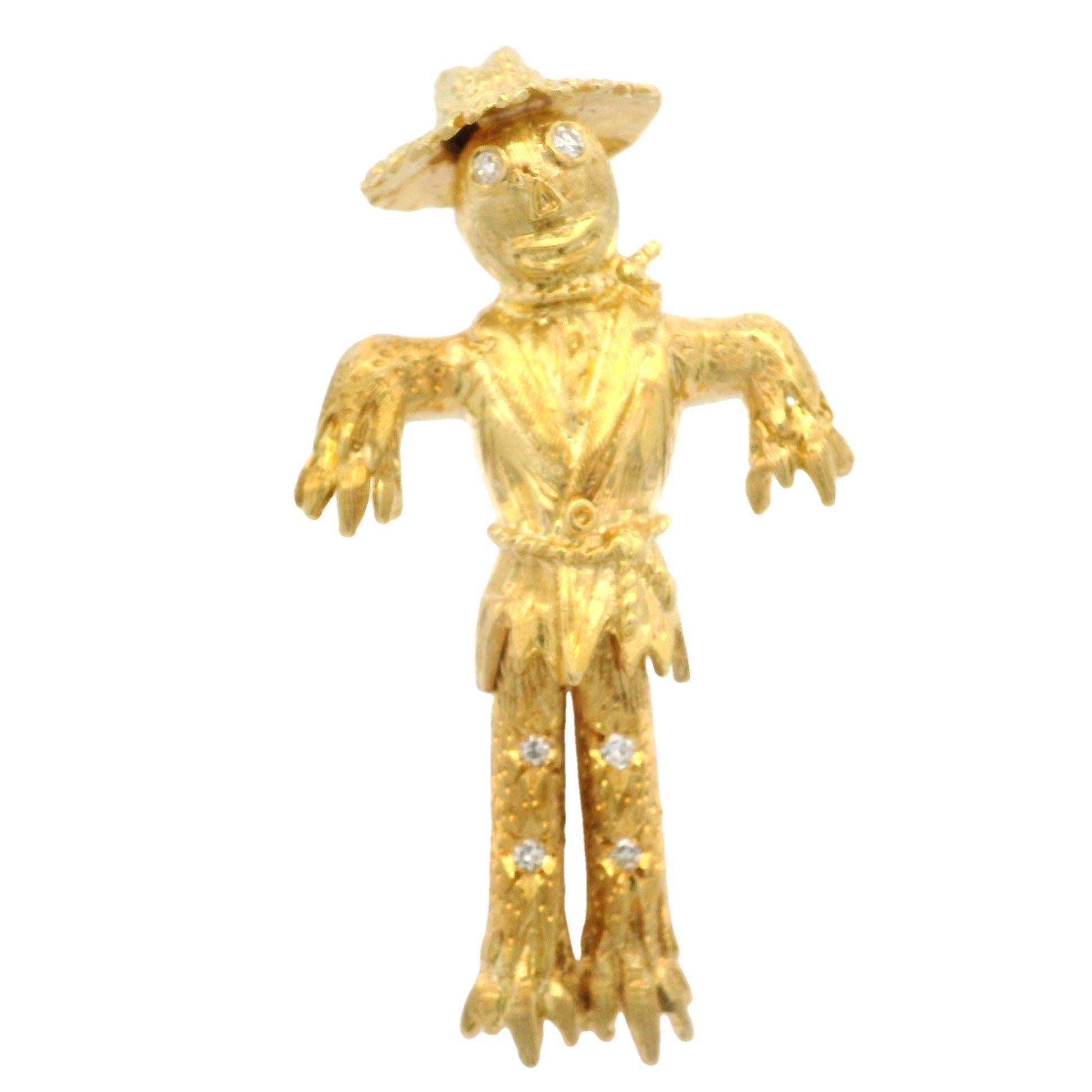 Vintage Solid Yellow Gold Diamond Detailed Swinging Legs Scarecrow Pin Brooch For Sale 1